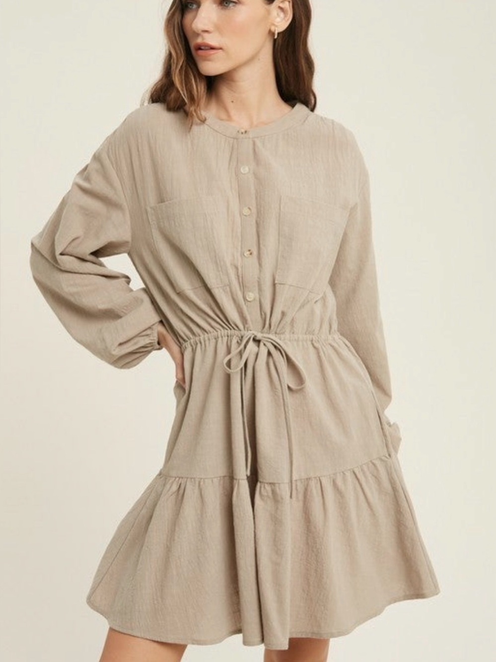 Long Sleeve Tiered Shirt Dress in Olive Gray
